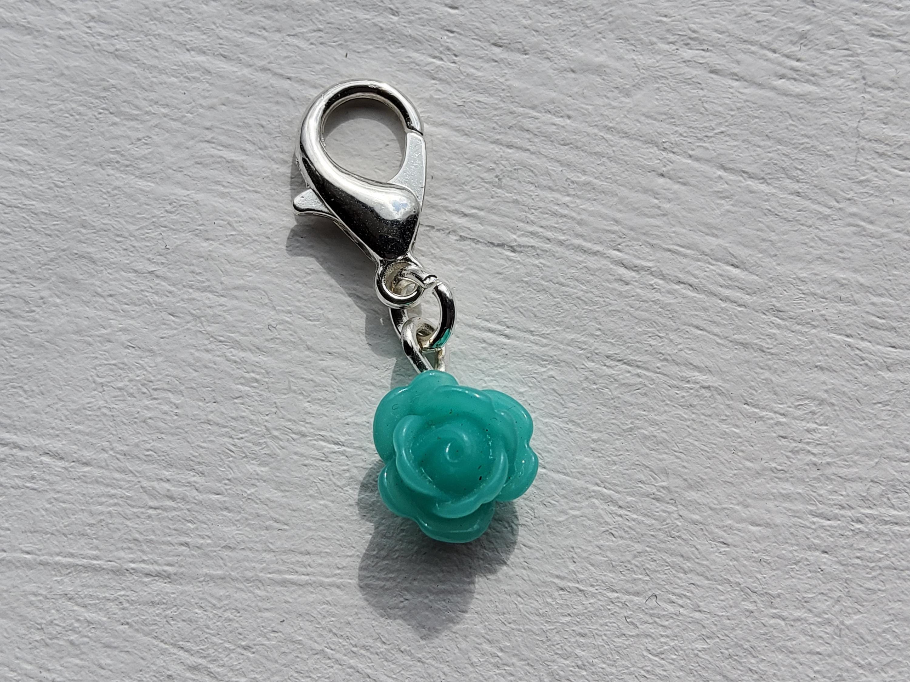 Turquoise Resin Rose Clip on Charm With Silver Lobster Clasp