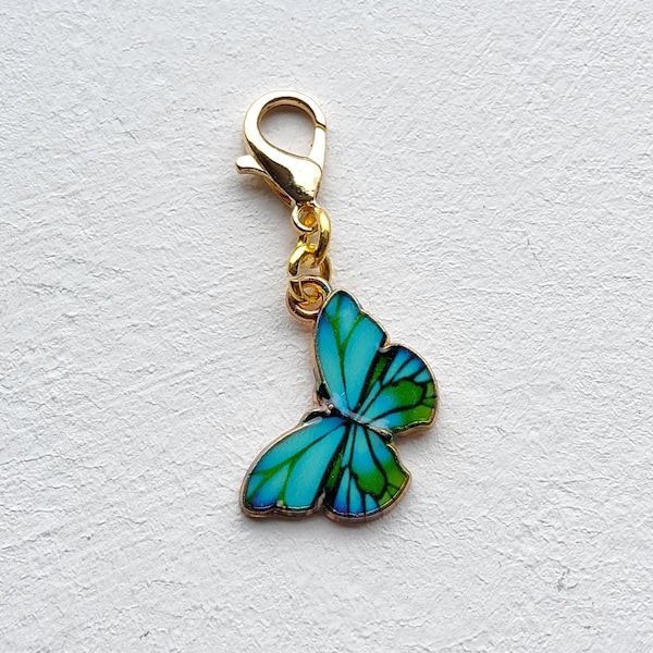 Gold and Turquoise Butterfly Clip on Charm with Lobster Clasp, Stitchmarker, Zipper, Planner Charm