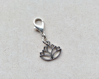 Lotus Flower Tibetan Silver Clip on Charm with Lobster Clasp, Stitchmarker, Zipper, Planner Charm