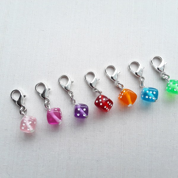 Colourful Dice Clip on Charm with Lobster Clasp, Stitchmarker, Zipper, Planner Charm