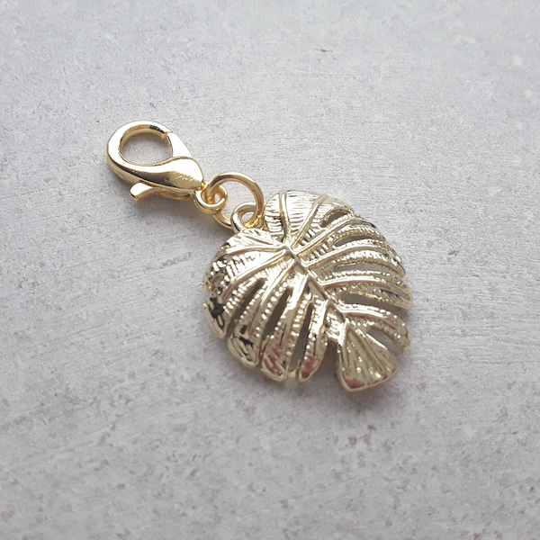 Light Gold Tropical Leaf Clip on Charm with Lobster Clasp, Stitchmarker, Zipper, Planner Charm