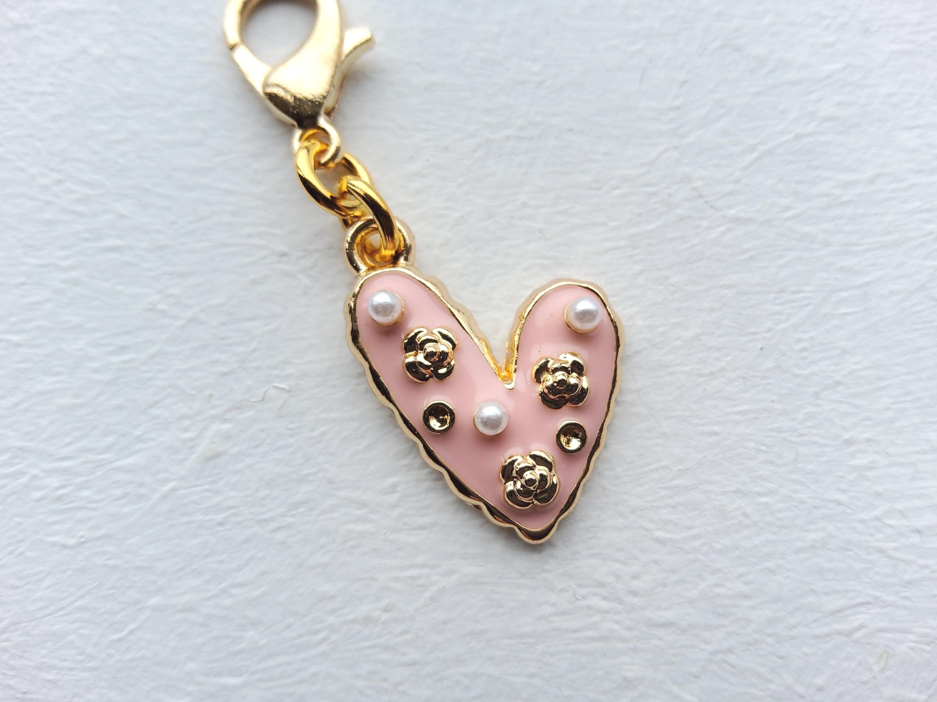 Pink Enamel Heart With Pearl Beads Clip on Charm, Gold Lobster
