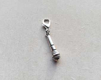 Microphone Tibetan Silver Clip on Charm with Lobster Clasp, Stitchmarker, Zipper, Planner Charm