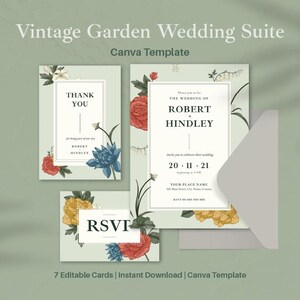 Puede incluir: Un conjunto de papelería de boda que incluye una invitación grande, una tarjeta de agradecimiento, una tarjeta RSVP y un sobre gris. Las tarjetas tienen un fondo verde claro con ilustraciones botánicas de flores rojas, amarillas y azules.