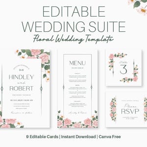 Puede incluir: Una plantilla de suite de boda editable con un diseño floral de rosas rosas y hojas verdes. El conjunto incluye una invitación, menú, tarjeta de número de mesa y tarjeta RSVP con texto negro sobre fondo blanco, etiquetado como 9 Editable Cards.