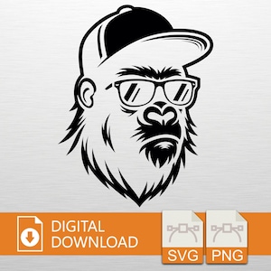 Cool Gorilla Silhouette SVG PNG Digital Download - Ape Art, Cricut File, T-Shirt Print, Vinyl Decal, Wall Art, Gorilla Gift, Hipster Style