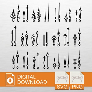 May include: A selection of black clock hands in diverse decorative styles. The image features a digital download icon and the words "DIGITAL DOWNLOAD". SVG and PNG file type icons are also present.
