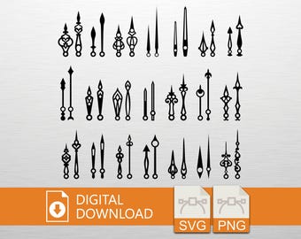 Paquete de descarga digital de manecillas de reloj ornamentadas vintage en formato SVG y PNG: elegantes indicadores de reloj para archivos láser, CNC y Cricut, diseños de relojes steampunk.