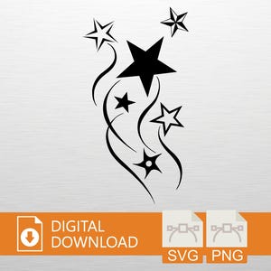 Può includere: Un design grafico nero che presenta un gruppo di sei stelle di varie dimensioni collegate da linee curve e fluide. Le stelle sono disposte in un motivo verticale ascendente. Sotto la grafica, il testo riporta DIGITAL DOWNLOAD, SVG e PNG.