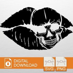 May include: A black and white graphic depicting a skull within a pair of lips. The image includes a digital download icon and the words "DIGITAL DOWNLOAD" in white text on an orange background. SVG and PNG file icons are also present.