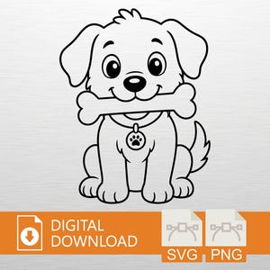May include: A black and white digital line art illustration of a puppy sitting down and holding a bone in its mouth. The puppy wears a collar with a circular tag featuring a paw print. Below the puppy, the text reads DIGITAL DOWNLOAD SVG PNG.