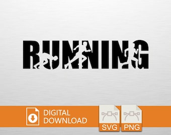 Running Silhouette Text SVG PNG Digital Download - Runner Sports Graphic for Cricut Vinyl T-Shirt Design Craft, Cricut File, Fitness Clipart