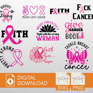 Breast Cancer Awareness SVG PNG Digital Download - Cricut Craft File, Pink Ribbon, Fight T-Shirt Design, Faith Art, Printable Decor, Cancer