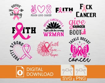 Breast Cancer Awareness SVG PNG Digital Download - Cricut Craft File, Pink Ribbon, Fight T-Shirt Design, Faith Art, Printable Decor, Cancer