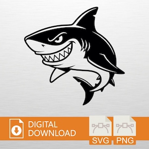 May include: A black and white cartoon shark illustration with a menacing grin. The shark has sharp teeth and a pointed fin. The image includes the text "DIGITAL DOWNLOAD" and file type icons for SVG and PNG.