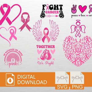Breast Cancer Awareness SVG PNG Digital Download - Pink Ribbon, Cricut Craft File, Fight T-Shirt Design, Hope Art, Printable Decor, Cancer