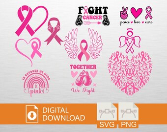Breast Cancer Awareness SVG PNG Digital Download - Pink Ribbon, Cricut Craft File, Fight T-Shirt Design, Hope Art, Printable Decor, Cancer