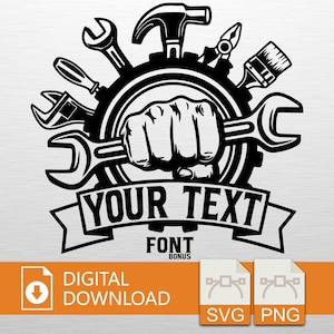 May include: Black and white graphic featuring a hand gripping a wrench, surrounded by tools like a hammer, screwdriver, and pliers. The text "YOUR TEXT" is displayed on a banner below the tools. Includes "DIGITAL DOWNLOAD" and file type icons.