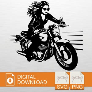 Woman Motorcycle Bike SVG PNG Digital Download, Biker Style, Cricut Craft File, T-Shirt Design, Biker Decor, Vinyl Cut, Bike Art, Printable