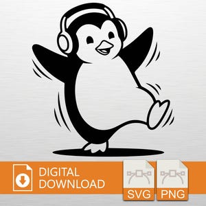 May include: A black and white cartoon penguin wearing headphones, depicted dancing with its arms and legs spread. Curved lines suggest motion. The image includes the text "DIGITAL DOWNLOAD" and file type icons for SVG and PNG.