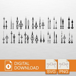 Puede incluir: Una colección de manecillas de reloj negras en varios estilos decorativos. La imagen incluye un icono de descarga digital con las palabras "DESCARGA DIGITAL", junto con iconos de tipo de archivo SVG y PNG.