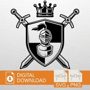 Puede incluir: Diseño de escudo medieval en blanco y negro con un yelmo de caballero sobre un escudo, espadas cruzadas y una corona. La imagen incluye el texto "DESCARGA DIGITAL" y los iconos de tipo de archivo "SVG" y "PNG".