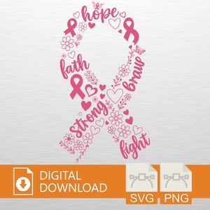 Pink Ribbon SVG PNG Digital Download - Breast Cancer Awareness, Cricut Craft File, Hope T-Shirt Design, Faith Art, Printable Decor