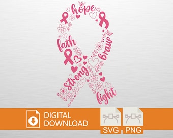 Pink Ribbon SVG PNG Digital Download - Breast Cancer Awareness, Cricut Craft File, Hope T-Shirt Design, Faith Art, Printable Decor