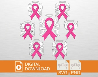 Pink Ribbon Angel SVG PNG Digital Download - Breast Cancer Awareness, Cricut Craft File, Memorial T-Shirt, Hope Art, Printable Decor, Cancer