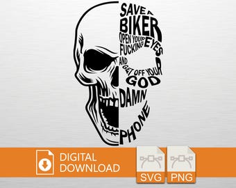 Save a Biker Skull SVG PNG Digital Download - Biker Quote, Cricut Craft File, T-Shirt Design, Biker Decor, Vinyl Cut, Skull Art, Printable