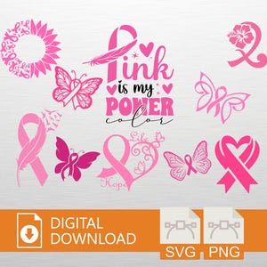 Pink Ribbon SVG PNG Digital Download - Cricut Craft File, Hope T-Shirt Design, Power Art, Printable Decor, Cancer, Breast Cancer Awareness