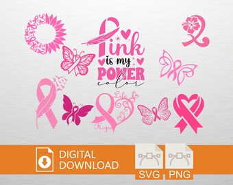 Pink Ribbon SVG PNG Digital Download - Cricut Craft File, Hope T-Shirt Design, Power Art, Printable Decor, Cancer, Breast Cancer Awareness
