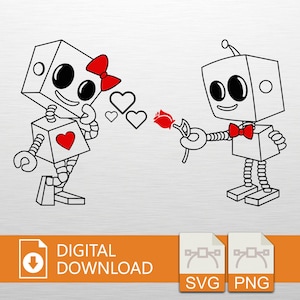 May include: A digital download graphic of two cartoon robots in love. One robot, with a red bow tie, offers a red rose to the other robot, who has a red heart and bow. Hearts float between them. The image includes "DIGITAL DOWNLOAD", "SVG", and "PNG" text.