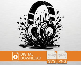 Headphones SVG PNG Digital Download - Music Art, Splash Design, Cricut File, T-Shirt Print, Vinyl Cut, DJ Gift, Urban Decor, Printable File