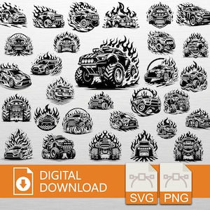 May include: A collection of black and white car illustrations, including sports cars, trucks, and monster trucks, each surrounded by flames. The image also includes the text "DIGITAL DOWNLOAD" and icons for SVG and PNG file formats.