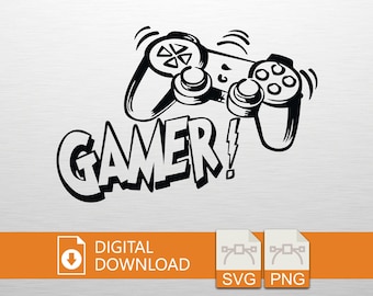 Könnte beinhalten: Schwarz-weiße Grafik eines Videospiel-Controllers mit dem Wort "GAMER!" in fetter Schrift. Das Bild enthält auch ein Symbol für den digitalen Download sowie SVG- und PNG-Dateityp-Symbole.