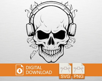 Skull Headphones Silhouette SVG PNG Digital Download, Music Art, Cricut File, T-Shirt Print, Vinyl Decal, Wall Art, Skull Gift, Gothic Style