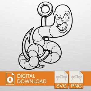 Könnte beinhalten: Schwarz-weiße Cartoon-Illustration eines Wurms an einem Angelhaken. Der Wurm hat einen wütenden Gesichtsausdruck mit einem breiten Grinsen. Das Bild enthält die Worte "DIGITALER DOWNLOAD" und Symbole für SVG- und PNG-Dateien.