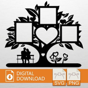 May include: Black silhouette of a family tree with four photo frames, a heart-shaped cutout, and a couple on a bench. The tree has leaves and heart-shaped accents. The words "DIGITAL DOWNLOAD" are visible.