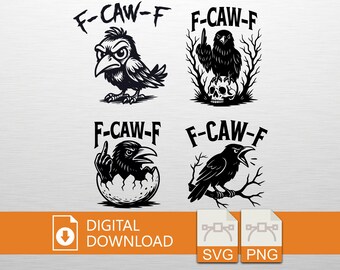 Diseño digital SVG de cuervo F-CAW-F, juego de palabras divertido, pájaro, dedo medio, calavera, Halloween, huevo eclosionando, graznido, archivos PNG, descarga instantánea para Cricut