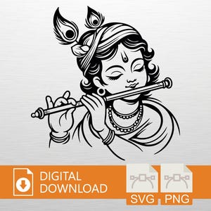 Könnte beinhalten: Schwarz-Weiß-Illustration einer Figur, die Flöte spielt, geschmückt mit einer Kopfbedeckung mit Pfauenfedern. Die Figur trägt Schmuck und hat geschlossene Augen. Das Bild enthält den Text "DIGITALER DOWNLOAD" und Dateityp-Symbole für SVG und PNG.