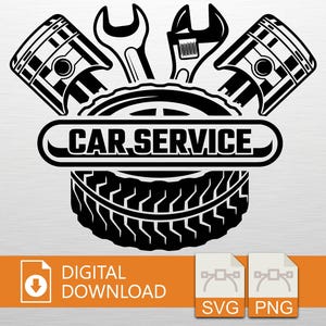 Car Service Logo SVG PNG Digital Download, Mechanic Piston Wrench Tire Design, Auto Repair Garage Clipart, Vehicle Maintenance, Workshop Art