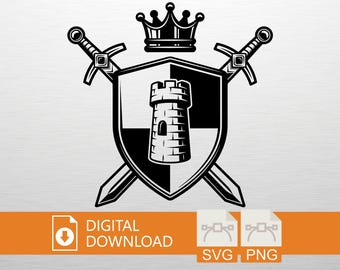 Puede incluir: Diseño heráldico en blanco y negro con un escudo, un castillo, espadas cruzadas y una corona. Las palabras "DESCARGA DIGITAL" están en un rectángulo naranja, con iconos de tipo de archivo "SVG" y "PNG".