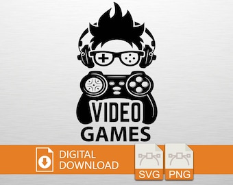 Könnte beinhalten: Schwarz-weiße Grafik eines Gamers mit Kopfhörern, Brille und einem Gamecontroller. Das Wort "VIDEO GAMES" steht unter dem Controller. Enthält den Text "DIGITALER DOWNLOAD" und SVG/PNG-Dateisymbole.