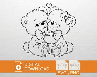 Teddy Bear SVG Cute Bears Hugging Svg Valentine Heart Couple Cut File Anniversary Clipart for Cricut Silhouette PNG Vector Digital Download