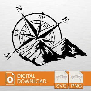 Könnte beinhalten: Schwarz-weiße Grafik eines Kompasses über einer Bergkette. Der Kompass zeigt die Himmelsrichtungen an. Die Worte "DIGITALER DOWNLOAD" stehen darunter, zusammen mit SVG- und PNG-Dateisymbolen.
