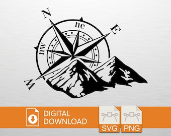 Compass Mountain SVG PNG Digital Download - Adventure Clipart, Cricut Craft File, T-Shirt Design, Travel Gift, Vinyl Cut, Nature Decor