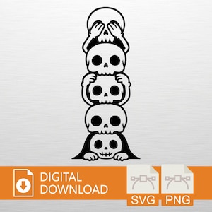 May include: Black and white illustration of four stacked skulls in a 'see no evil, hear no evil, speak no evil' pose. The image includes the text 'DIGITAL DOWNLOAD' and icons for SVG and PNG file types.