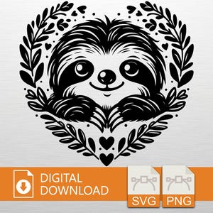 May include: A black and white digital download graphic of a sloth inside a heart-shaped wreath. The sloth has large eyes and a smiling face. The image includes the words "DIGITAL DOWNLOAD" and icons for SVG and PNG files.