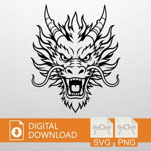 May include: Black and white illustration of a dragon's head with an open mouth, sharp teeth, and detailed scales. The image includes the text "DIGITAL DOWNLOAD" and file type icons for SVG and PNG.
